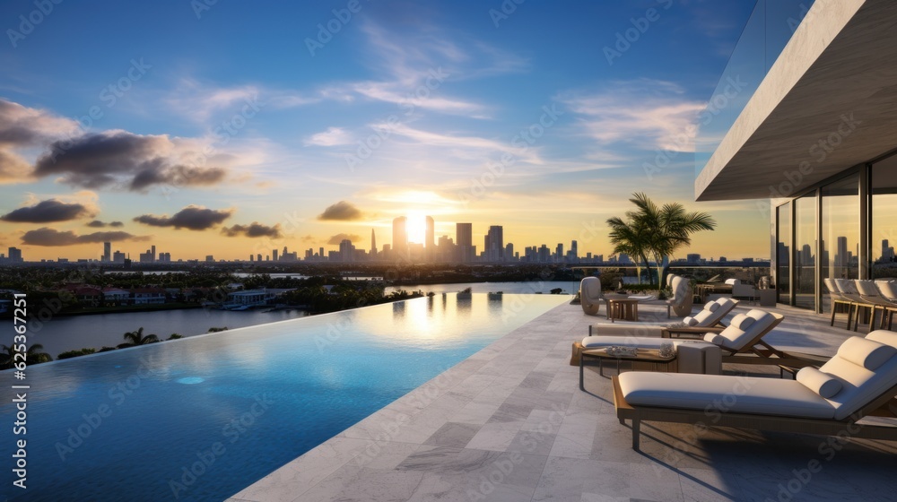 Fototapeta premium Modern villa with a private rooftop infinity pool overlooking the Miami skyline in Florida
