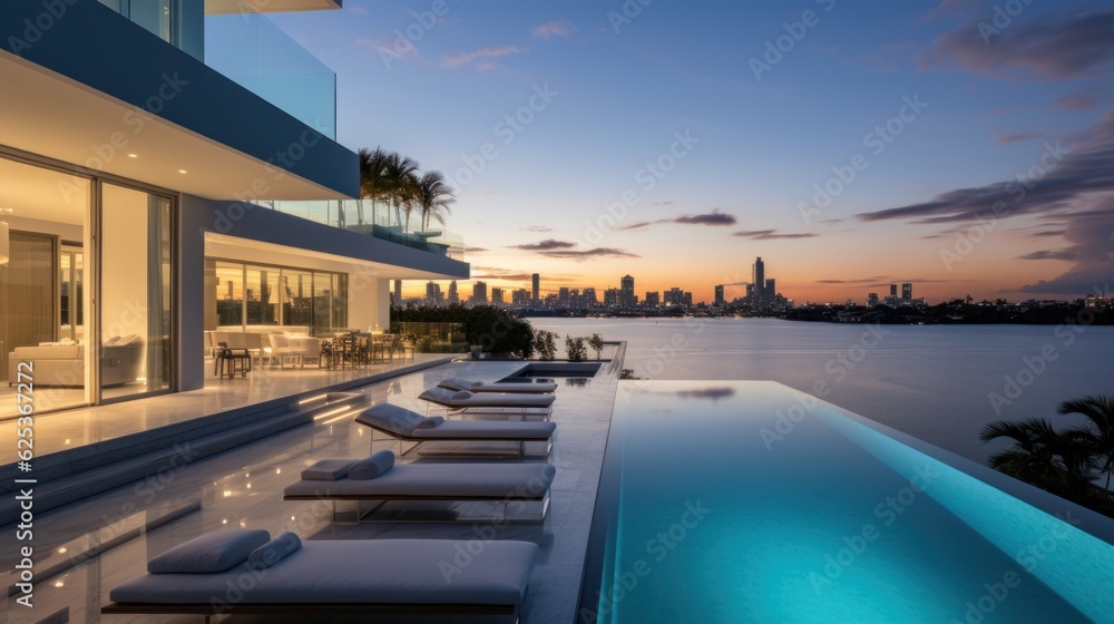 Fototapeta premium Modern villa with a private rooftop infinity pool overlooking the Miami skyline in Florida