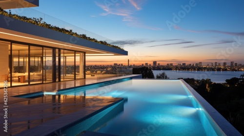 Modern villa with a private rooftop infinity pool overlooking the Miami skyline in Florida