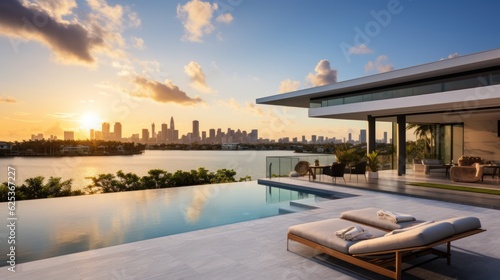 Modern villa with a private rooftop infinity pool overlooking the Miami skyline in Florida