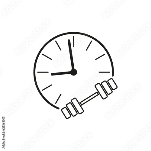 time for fitness icon. Clock with dumbbell icon. Workout in gym icon. Time training icon. Vector illustration. stock image.