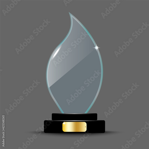 Realistic award layout design. Glass trophy in the form of an fire flame. 3d acrylic crystal fire flame. Vector illustration. stock image.