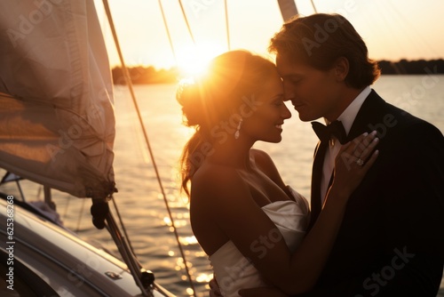 bride and groom wearing suit and wedding dress on the yacht at the sea smiling laughing and kissing. cute candid photography. wedding at the sea. happy family. looking at each other. Generative AI
