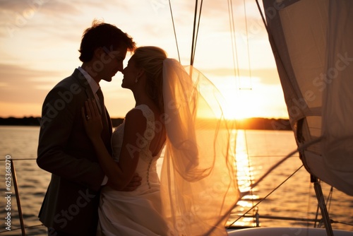 bride and groom wearing suit and wedding dress on the yacht at the sea smiling laughing and kissing. cute candid photography. wedding at the sea. happy family. looking at each other. Generative AI
