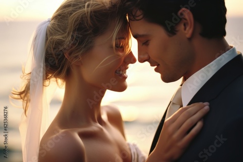 bride and groom wearing suit and wedding dress at the sea on the beach smiling laughing and kissing. cute candid photography. wedding at the sea. happy family. looking at each other. Generative AI