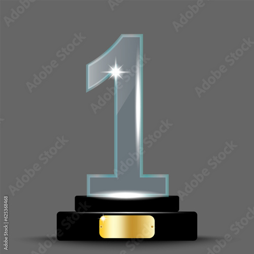 Award crystal with a first. Acrylic 3D Shield for the first place. Trophy for victory on a stand. Vector illustration. stock image.