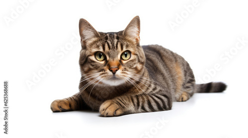 Funny large longhair gray tabby cute kitten with beautiful blue eyes. Pets and lifestyle concept. Lovely fluffy cat on white background. © Joel Valdez