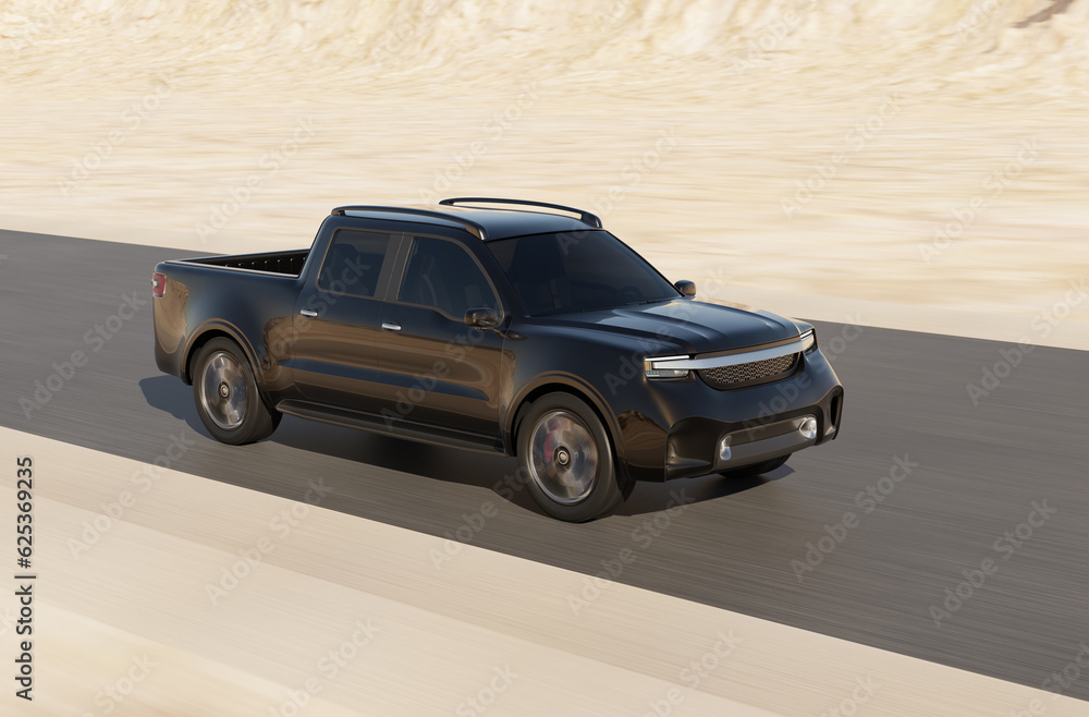 Obraz premium Black Electric Pickup Truck driving on desert road. Generic design. 3D rendering image.