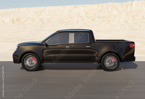 Side view of Black Electric Pickup Truck driving on desert road. Generic design. 3D rendering image.
