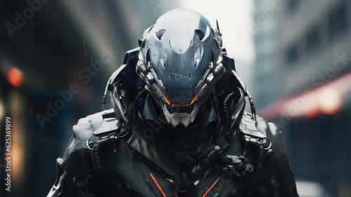 a robot wearing armor with a shark head, cyberpunk style, dark background.