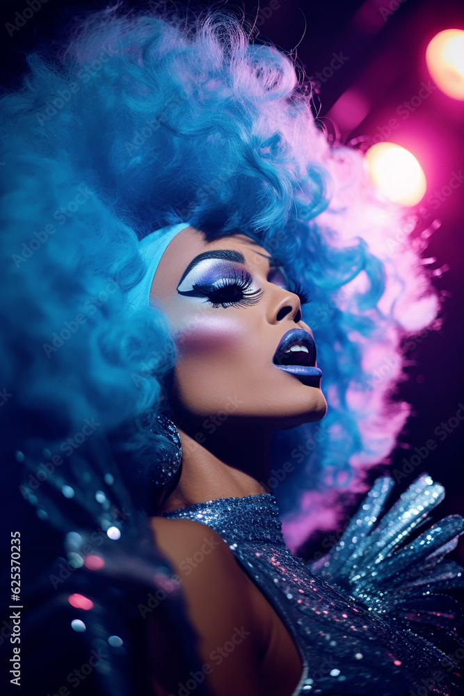 Portrait of a drag queen, dressed in blue, performing on stage. (AR 2:3)