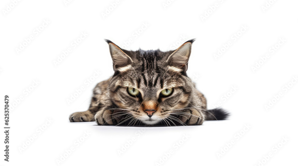 Obraz premium Funny large longhair gray tabby cute kitten with beautiful blue eyes. Pets and lifestyle concept. Lovely fluffy cat on white background.