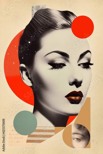 Modernist collage, 1950s style woman, face in black and white with abstract shapes and cropped photos on background, digital art for vertical cinematic poster, retro vintage art, big red lips.