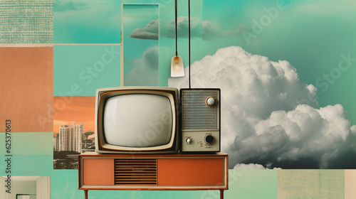 Digital horizontal collage with 1960s TV on surreal green background with clouds, abstract vintage photo montage. paper cutout on retro television, art layered with city behind old-fashioned monitor