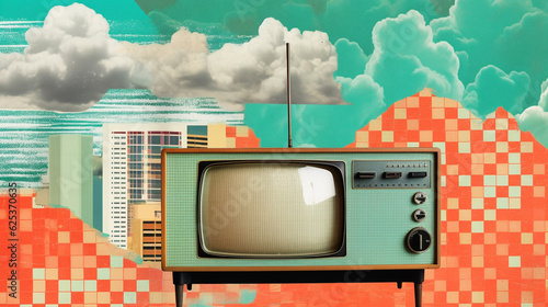 Digital horizontal collage with 1960s old TV on a green sky, surreal background with clouds, abstract vintage photo montage. paper cutout on retro screen television, poster with old-fashioned monitor