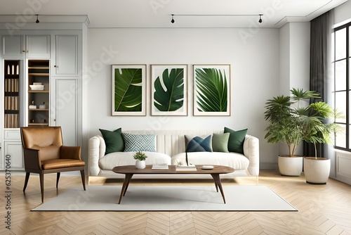 farmhouse interior living room  gallery wall frame mockup in a white room with wooden furniture and lots of greenery  3d rendering