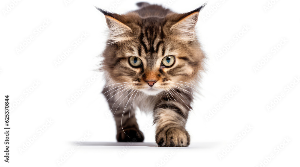Fototapeta premium Funny large longhair gray tabby cute kitten with beautiful blue eyes. Pets and lifestyle concept. Lovely fluffy cat on white background.