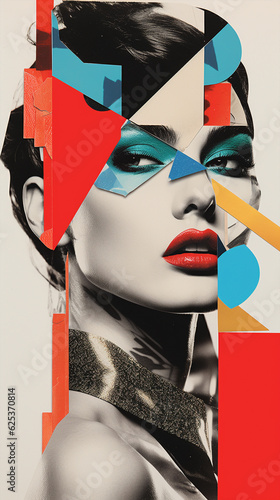 90s collage, modernist style combining a profile of woman in black and white with red lipstick abstract and colourful cut-out elements. Fashion and beauty rock poster. pop art print. Cutout artwork © Andrea Marongiu