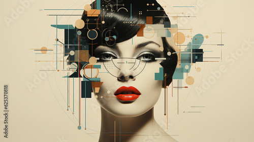 Close up portrait of charming actress wearing red lipstick, digital collage with retro futurist atmosphere, 1920s modernist style poster, cinematographic beauty makeup concept, striking woman is gaze