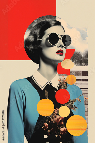 Woman wearing sunglasses, pop art cut out, cut up collage for fashion billboard, geometric abstract beauty, retro ad image, graphic mixed media style illustration, glamorous clipping composition