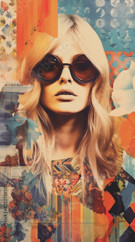 Vertical poster, face of woman, sunglasses and flowers. 1960s fashion background on hippie movement, beat generation hairstyle. 70s pattern, retro orange abstract collage. Vintage cover