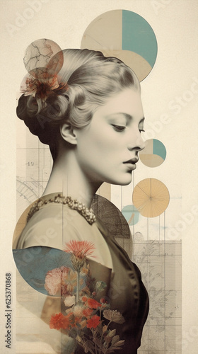 Modernist collage, 1700s woman with clipping decorative elements and flowers. baroque haistyle, magazine cover, elegant Victorian lady, retro rococo vertical illustration, layered paper cut artwork. 