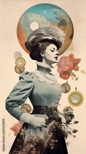 Modernist collage of a 1700s painting of a woman wearing hat with clipping decorative elements, magazine cover, elegant Victorian lady, retro rococo vertical illustration, layered paper cut artwork