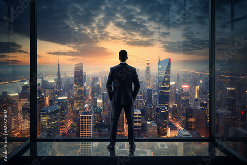Back View of Businessman Wearing suit Standing in City Window Frame with Skyscraper View
