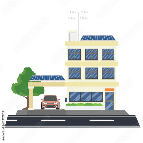 Electric sport car parking charging at town home wall box charger station. Energy storage with photovoltaic solar panels on building roof. With nature green trees on isolated white background.