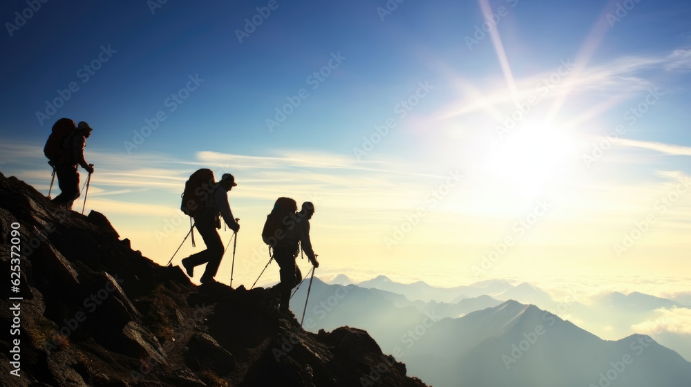 Mountains team climbers on snowy trail, conquered the mountain in winter, Climber on top of a winter view of snow-capped mountain peaks sunshine