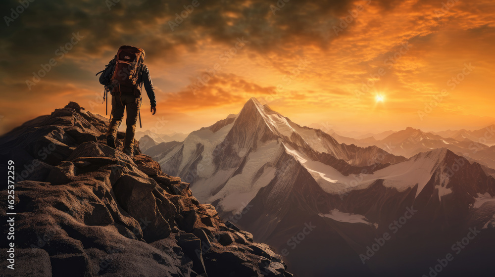 Man hiking at sunset mountains with backpack Travel Lifestyle wanderlust adventure concept summer vacations outdoors alone into the wild