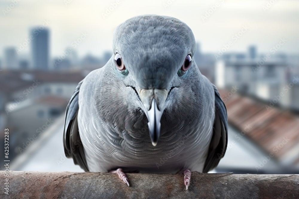 Fototapeta premium Curious dove looking at camera. Funny face of a dove close-up.
