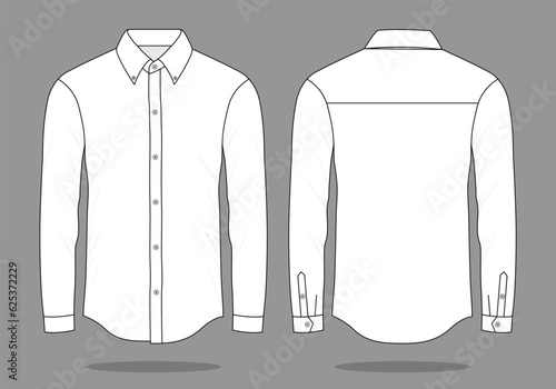 White Long Sleeve Dress Shirt Template on Gray Background. Front and Back View, Vector File.