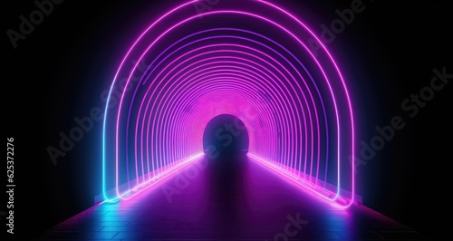 Futuristic colorful cyberpunk glowing light through the tunnel background. Generative AI