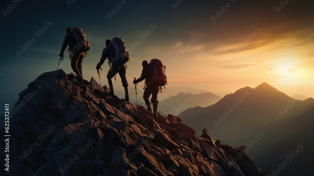 Mount with clouds and silhouette of three hikers Mount with clouds and silhouette of three hikers