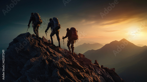 Mount with clouds and silhouette of three hikers