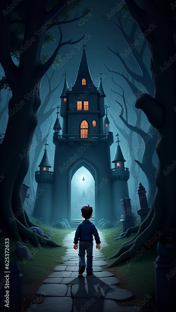 an adventurous boy walking in a dense and dark forest towards a huge castle made with Generative AI