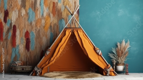 Color childrens wigwam in room on the floor Scandinavian style with decor photo