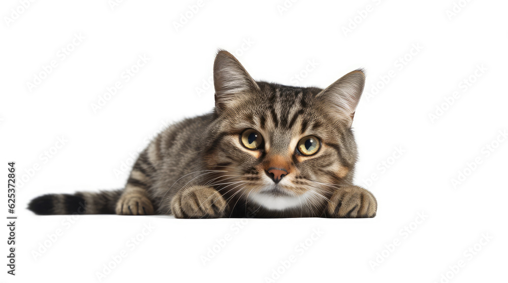 Fototapeta premium Funny large longhair gray tabby cute kitten with beautiful blue eyes. Pets and lifestyle concept. Lovely fluffy cat on white background.