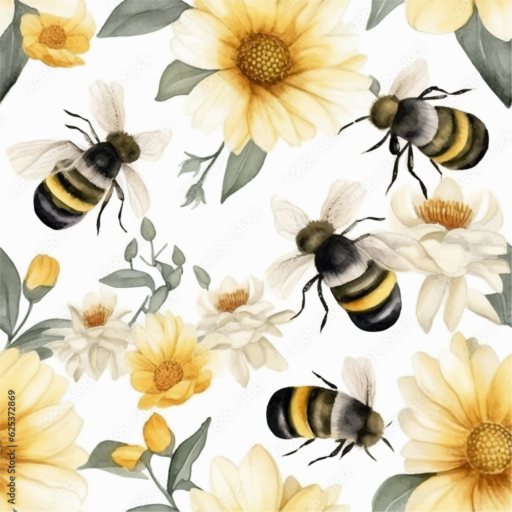 Flower bee seamless pattern vector