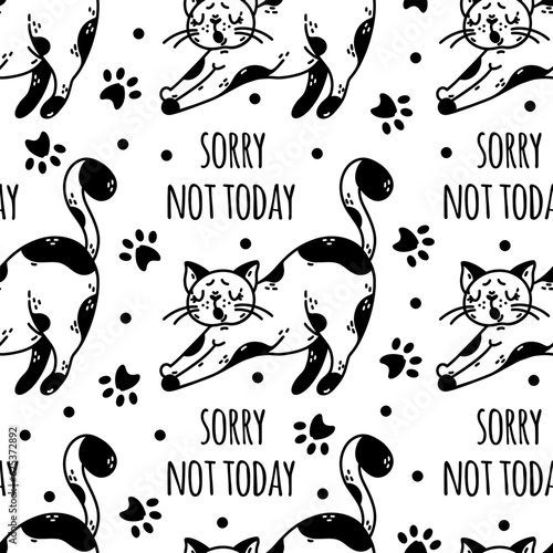 Cute lazy cat seamless vector pattern. Spotted black and white kitten yawns. Sleepy pet, nice domestic animal. Sorry, not today. Simple doodle, sketch. Background for posters, print, wallpaper, web