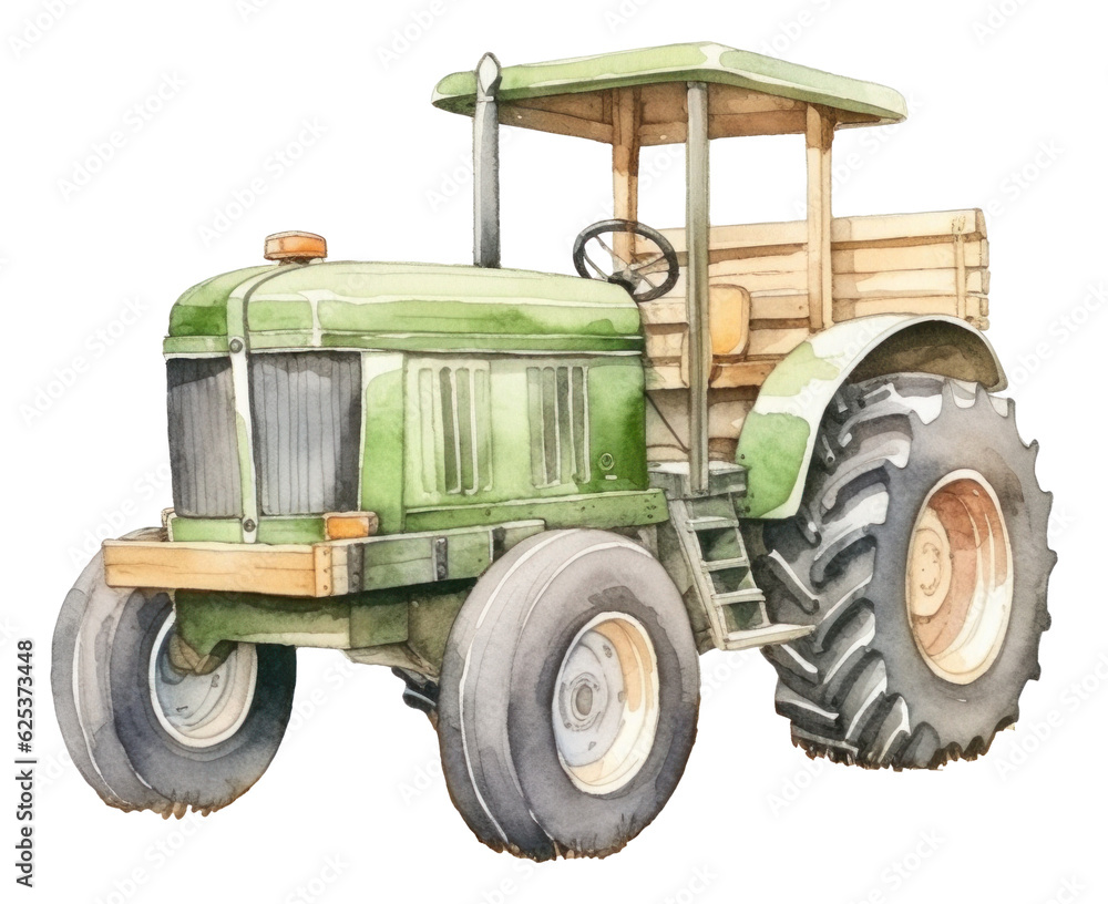 Fototapeta premium Watercolor green tractor isolated.