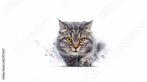 Funny large longhair gray tabby cute kitten with beautiful blue eyes. Pets and lifestyle concept. Lovely fluffy cat on white background.