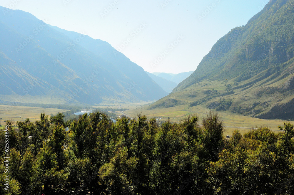 Looking over the top of the trees at a beautiful valley filled with the rising sun, surrounded by mountains and a winding river flowing through it. Looking over the top of the trees at a beautiful valley filled with the rising sun, surrounded by mountains and a winding river flowing through it.