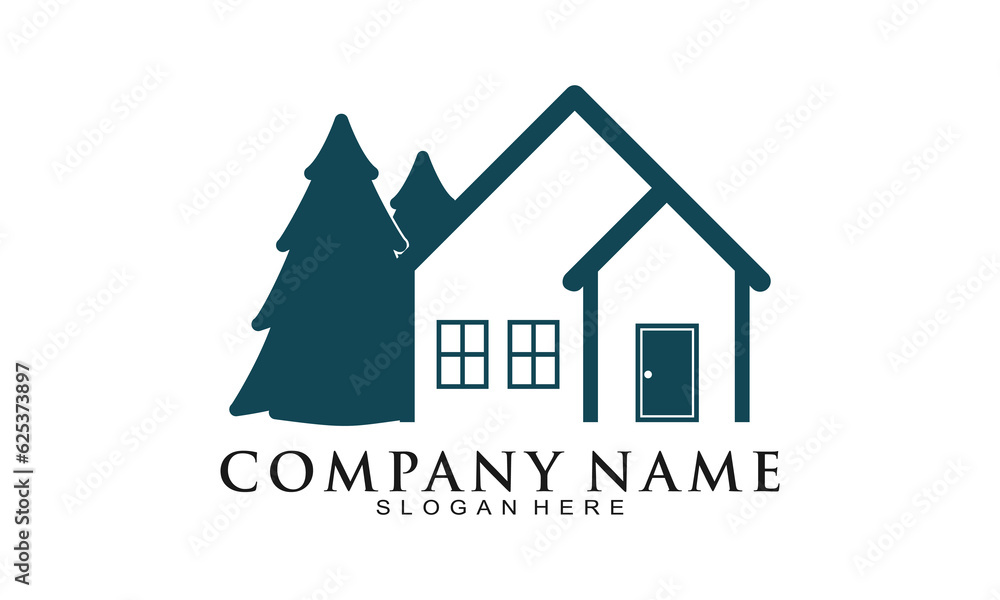 Simple house with spruce tree illustration vector logo