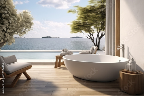 Modern minimal outdoor bathroom terrace with beige cozy tone style and sea view outside  decorate with wooden decor  bathtub  sink  towels  and brown tone background  with Generative Ai.