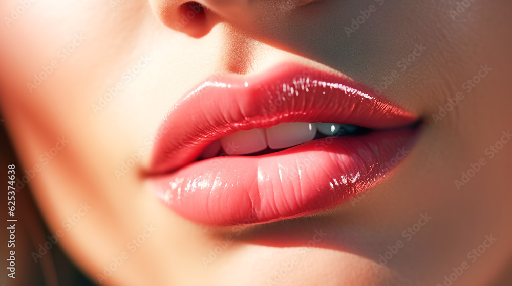 Plump passionate lips close-up. Sexy glossy lip makeup. Macro of female part of face. Beautiful makeup, pink lipstick Plump passionate lips close-up. Sexy glossy lip makeup. Macro of female part of face. Beautiful makeup, pink lipstick