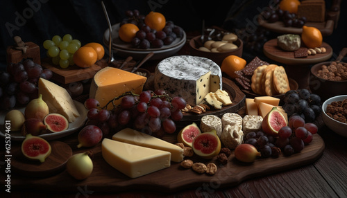 A gourmet cheese tray with a variety of fresh dairy products generated by AI