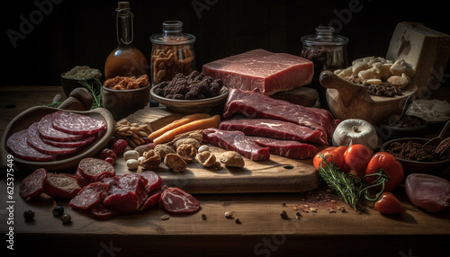 Rustic pork delicatessen: smoked prosciutto, salami, and bacon variations generated by AI