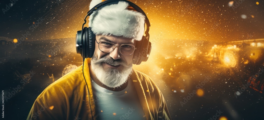 Stylish Santa DJ invites to Christmas party at vibrant nightclub. Concept of festive celebration and music.